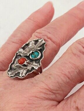 Vintage Turquoise Ring Sterling Silver Coral Sz 7.5 Native American Southwest